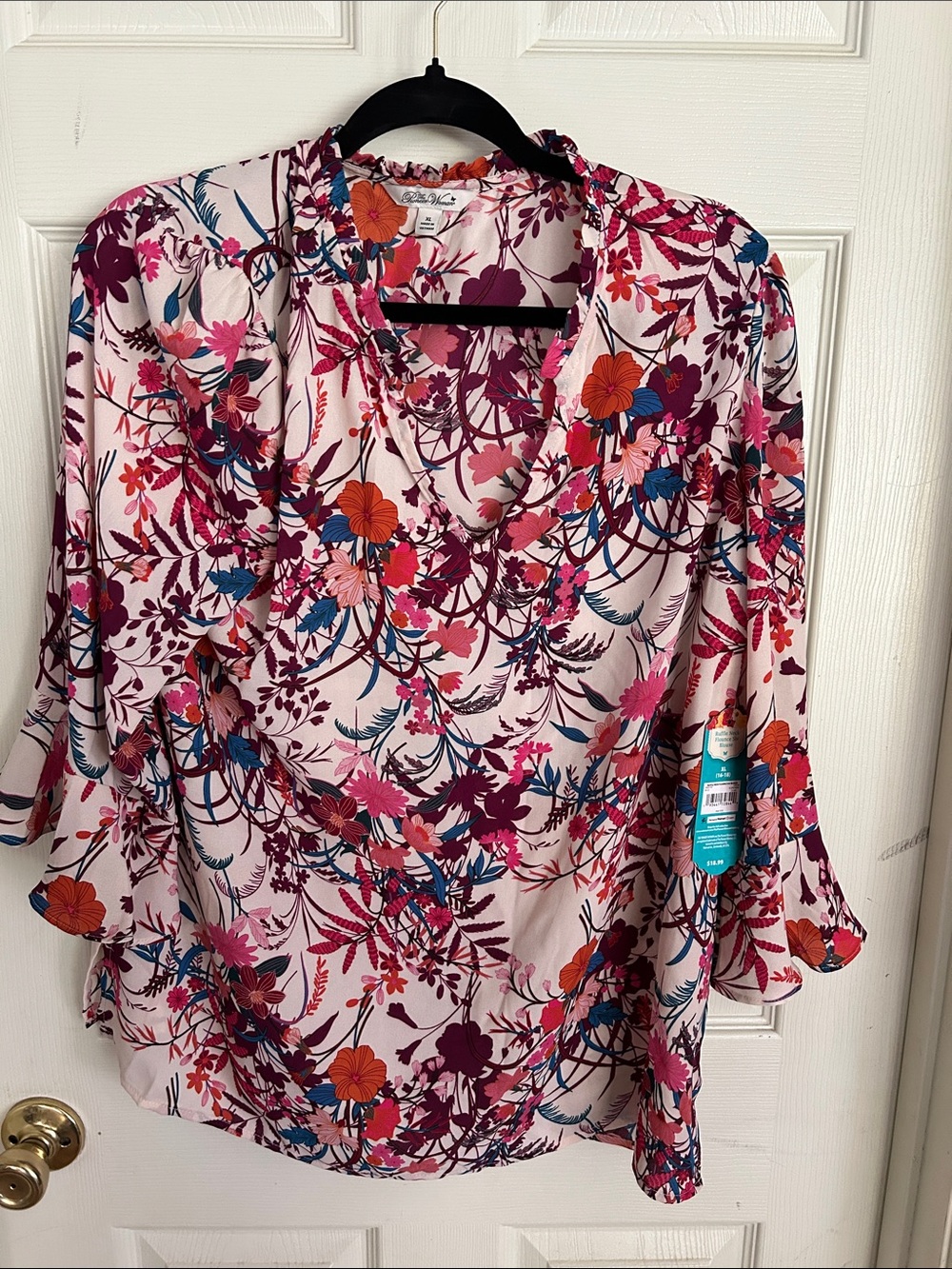 The Pioneer Woman Pink Floral V-Neck Blouse with Orange & Blue Accents